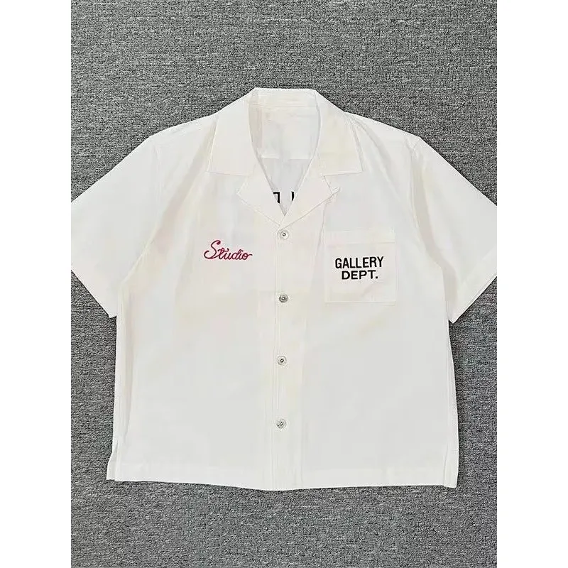 Premium Men's Cuban Collar Short Sleeve Embroidered Letter Shirt, Breathable Polyester Cotton Blend, New Style American Casual