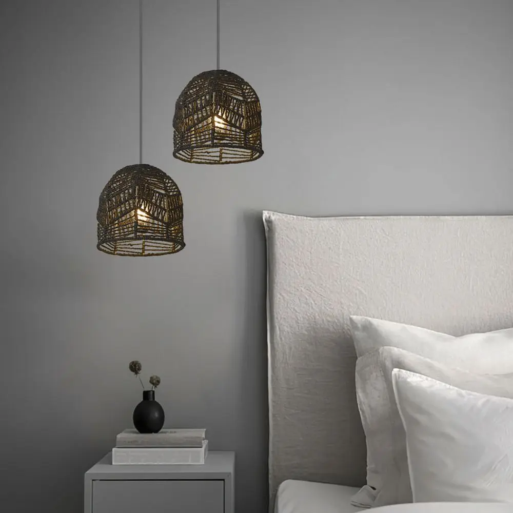 Handwoven Paper Rope Lamp Shade Natural Rattan Decorative Bamboo Lantern Pendant Lamp Minimalist Hand-Woven Bamboo