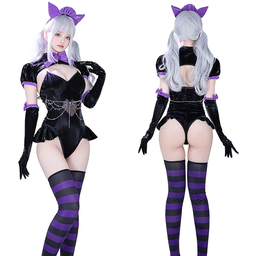 Sexy Cat Girl Cosplay Lingerie for Women, Black & Purple Patent Leather Bodysuit with Chain Decor, Anime Character Outfit