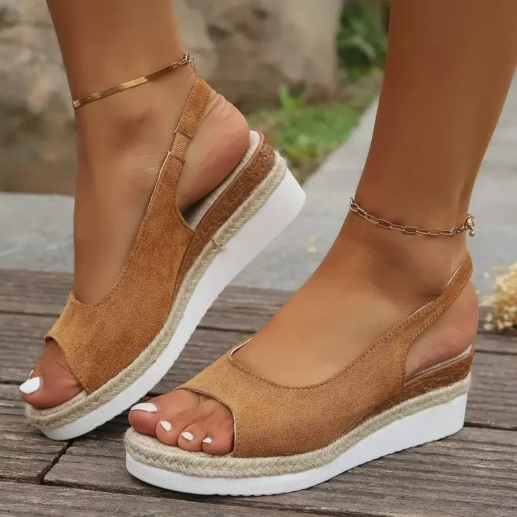 2024 New Women\'s Sandals Slope Heel Baotou Thick Sole Shoes Jute Woven Midsole Large Sandals