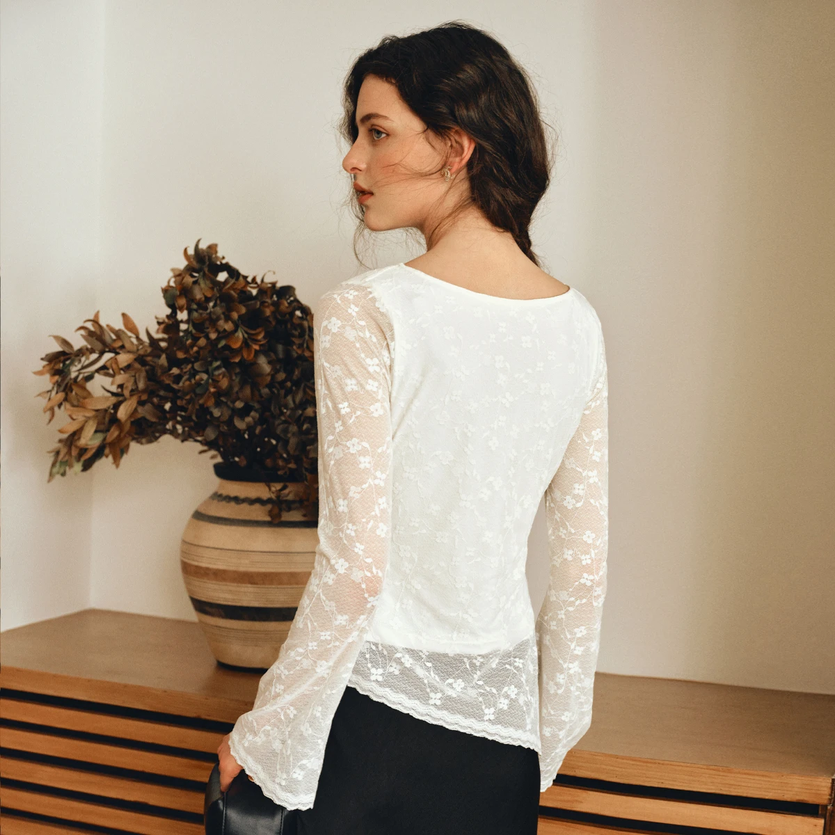 OLrain Francese Elegante T-shirt Donna Autunno 2025 Slash Neck Irregolare Tees Pendolarismo In Pizzo Manica Lunga Magliette E Camicette Donna O57QX001259