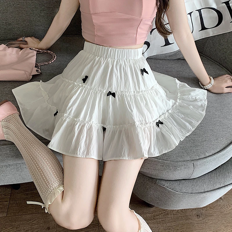 Summer Sweet Elegant Korean Elastic High Waist Women Skirt Bow Print Lace Up Ball Gown Mini Skirt Casual All Match A Line Skirt