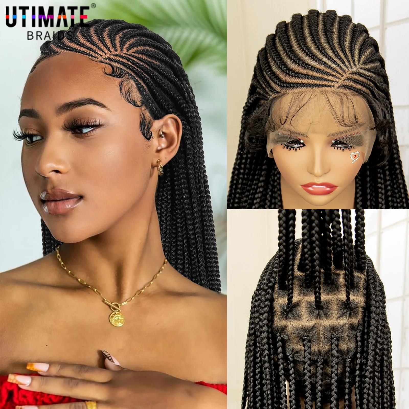 Full Lace Cornrow Braided Wigs for Black Women Handmade Synthetic Long Box Braided Wig with Baby Hair Lace Front Braids Wigs