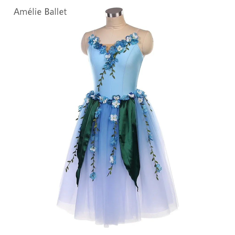 25183 Volwassen Meisjes Ombre Hemelsblauw met Bloem Trim Danskostuums Stage Performance Ballet Tutu Rokken Romantische Ballet Dancewears