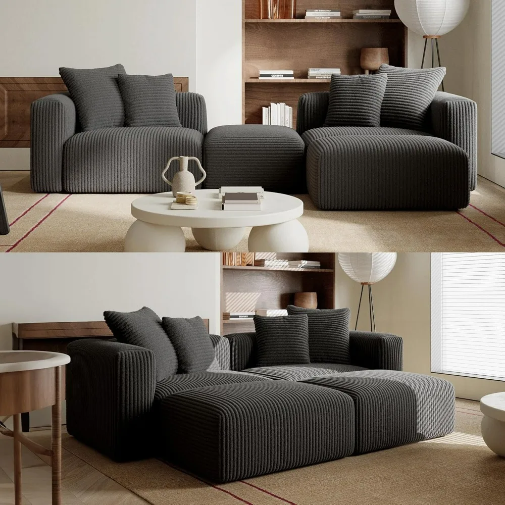 L Shaped Sectional Sofa, 4 Seater Free Combination Corner Couch, Convertible to DayBed, Wide Loveseat with Moveable Ottomans