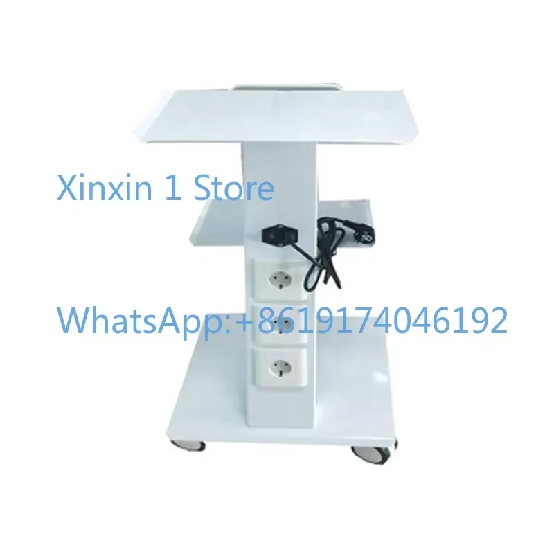 A three-tier metal mobile medical tool with built-in sockets.