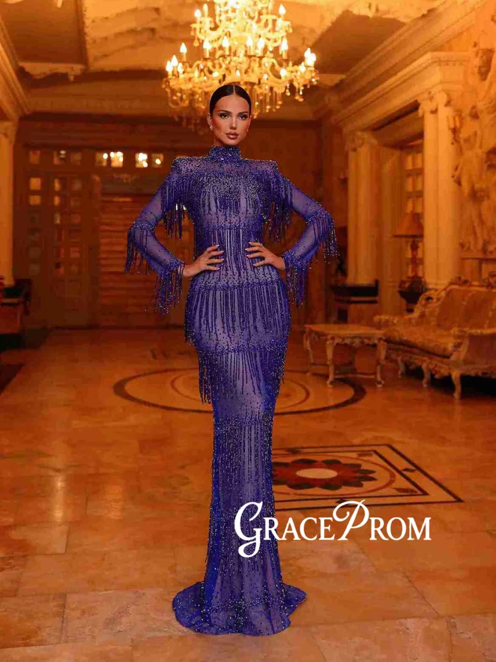 Vestido de noche con borlas y cuentas de color azul real, impresionante ilusión, vestido de fiesta de boda de sirena, vestidos de banquete elegantes personalizados con cuello alto