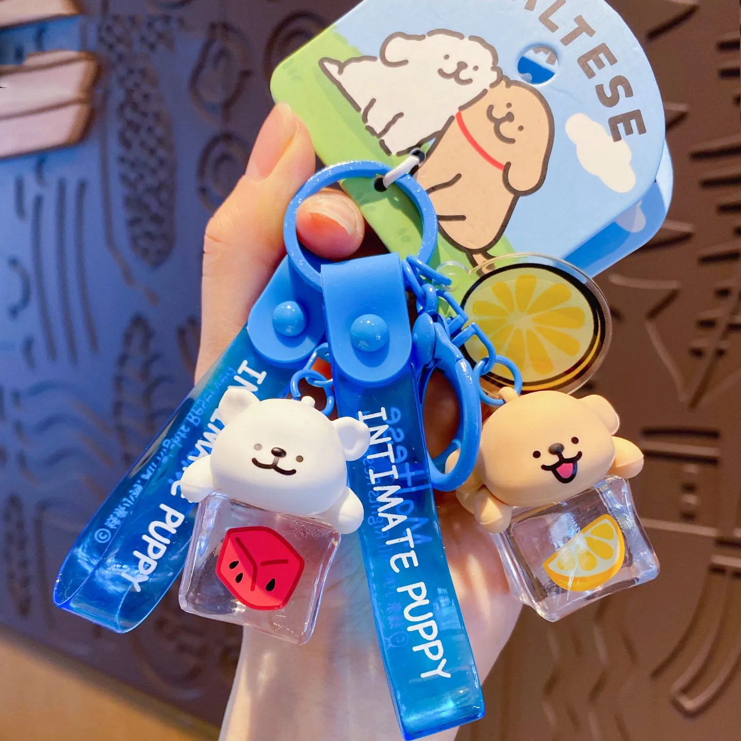Summer Ice Cubes Line Puppy Keychains For Women Y2k Watermelon Lemon Puppy Pendant Keyring Couple Car Key Chains Gift Decoration