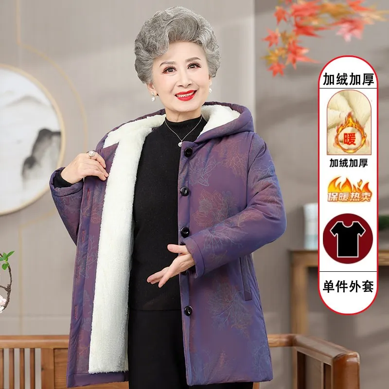 Aged Grandmother 60-70-80 Years Cotton-Padded Coat Parkers Middle-Length Winter Clothes Women\'s Thickened Hooded Jacket