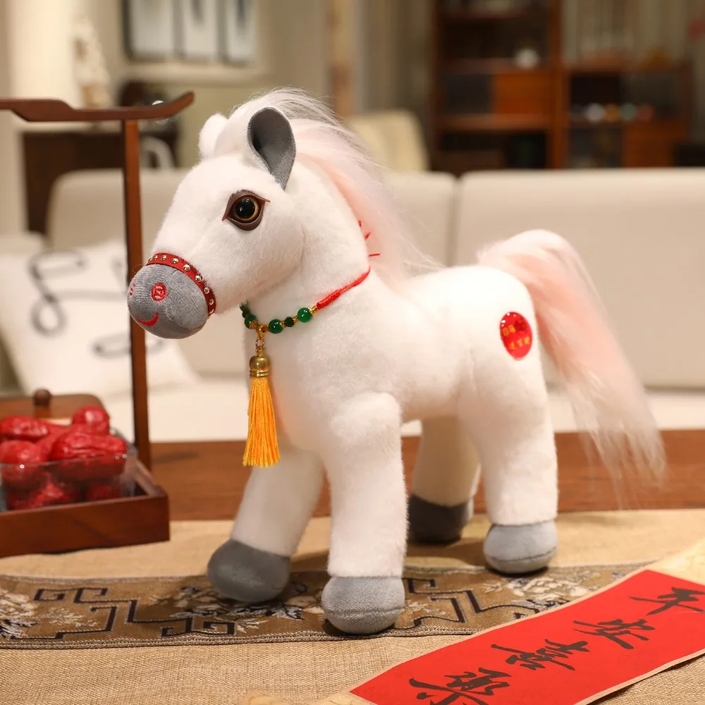 Simulation Spring Festival Mascot Horse Long Mane Fluffy Tail Standing Foal with Tassel 20/25/30cm Pony New Year