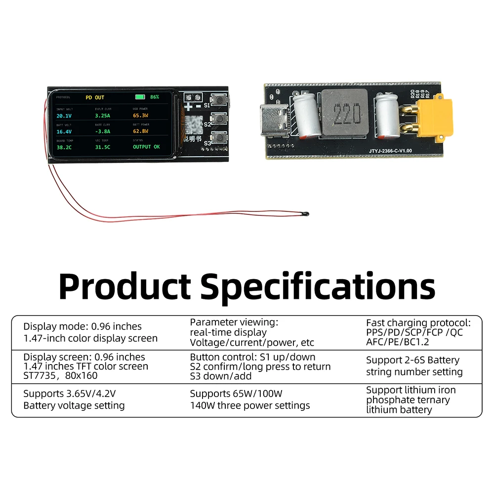PD140W Schnelllade-Modul 65W-140W 2-6S Li-Ion LiFePO4 TFT-Bildschirm DIY Powerbank Schnelllade-Board IP2366 Buck-Boost-Modul – Detail 9