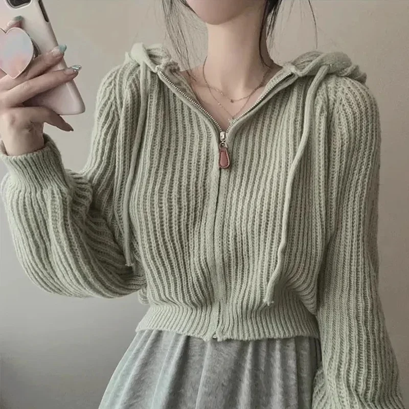 Fashion Chic Zip Up Cardigan Knit Top Female Hooded Jumper Women Long Sleeve Sweater Korean Style Casual Outerwear Woman