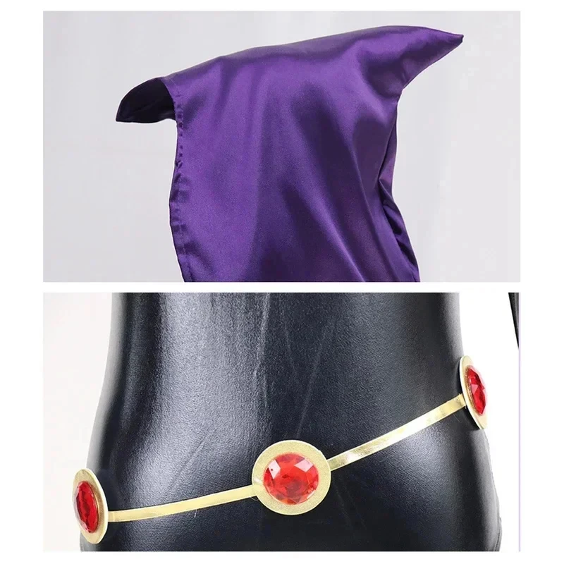 

3.a;6\m/Teen Titans Super Hero Raven Cosplay Women Black Bodysuit Purple Hooded Cloak Jumpsuits Halloween Party Costumeg;8'l/7,