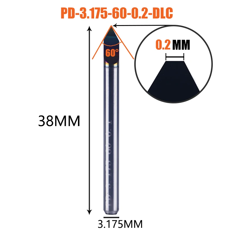 Dreanique 1 Stück Hartmetall-Leiterplatten-Gravurbit mit flachem Boden, 3,175 mm Schaft, DLC-beschichtet, 30 60 90 Grad, 0,1 0,2 0,3 mm Spitze, V-Nut-Bit-Werkzeug