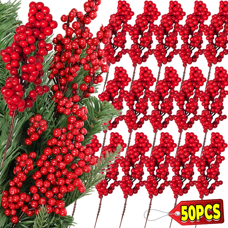 

Wholesale Christmas Red Berries Branch Artificial Holly Berry Stamen for Xmas Tree Ornament Fake Plants Flowers Party Home Decor