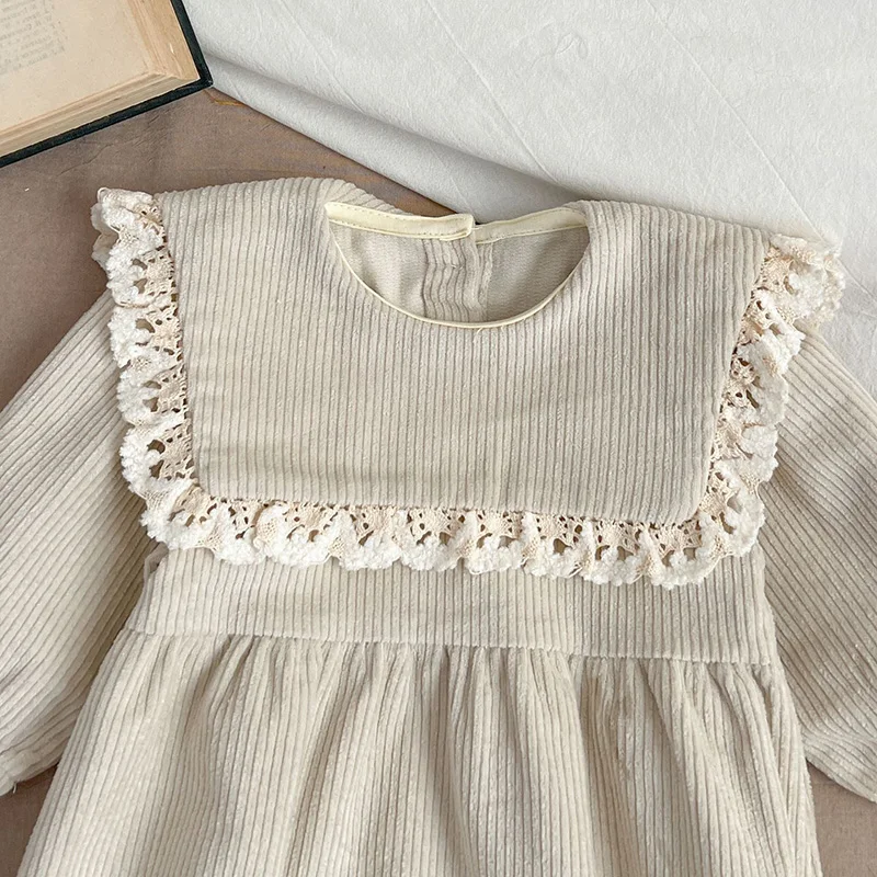 2024 New Spring Children Clothes Toddler Baby Girls Romper+Hat Long Sleeved Corduroy Lace Splicing Korean Style Climbing Suit