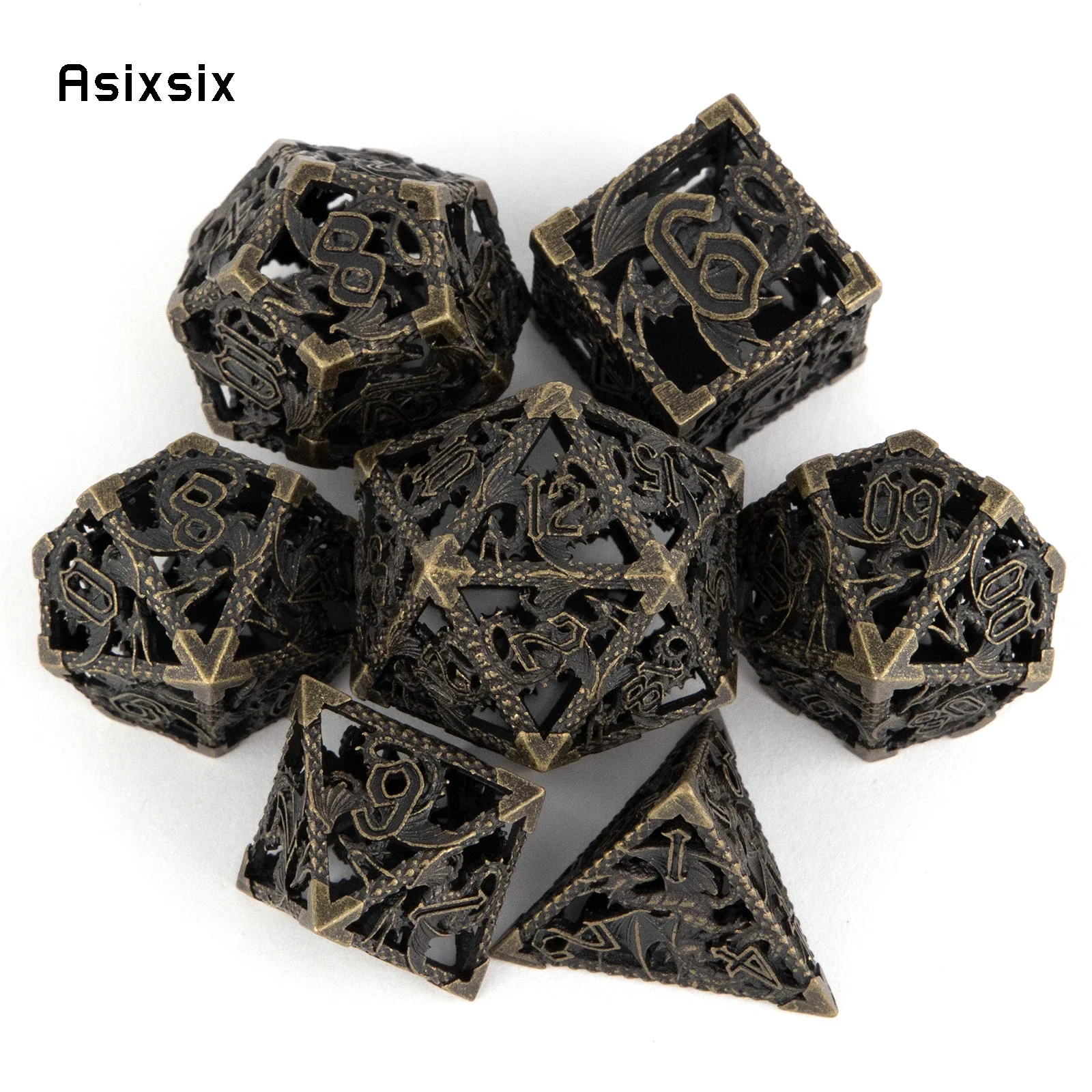 

7 Pcs Black Flying Dragon Metal Dice Hollow Metal Polyhedral Dice Set Suitable for Role-Playing RPG Board Game Card Game