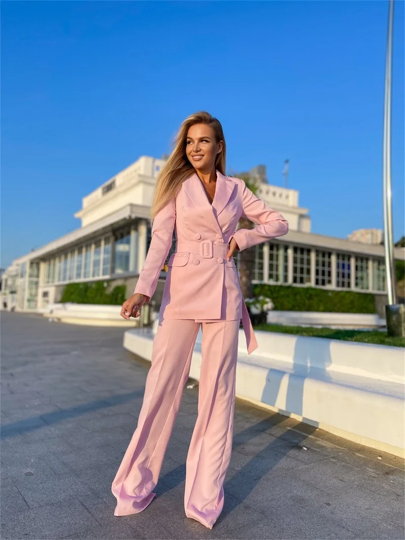 Formal 2 pçs rosa feminino ternos conjunto gravata cintura blazer + calças senhora do escritório vestido de baile trajes jaqueta com cinto duplo breasted