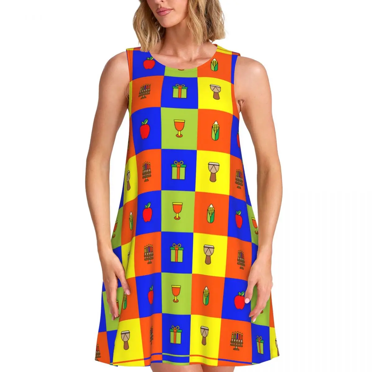 Colorblock Tank Dress Colorful Checks Club Dresses Female Summer Streetwear Pattern Oversize Casual Dress