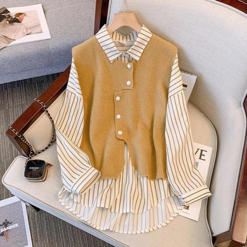 Spring Autumn New Turn-down Collar Long Sleeve Fashion Shirt Women High Street Striped Button Fake Two Pieces Elegant Cardigan