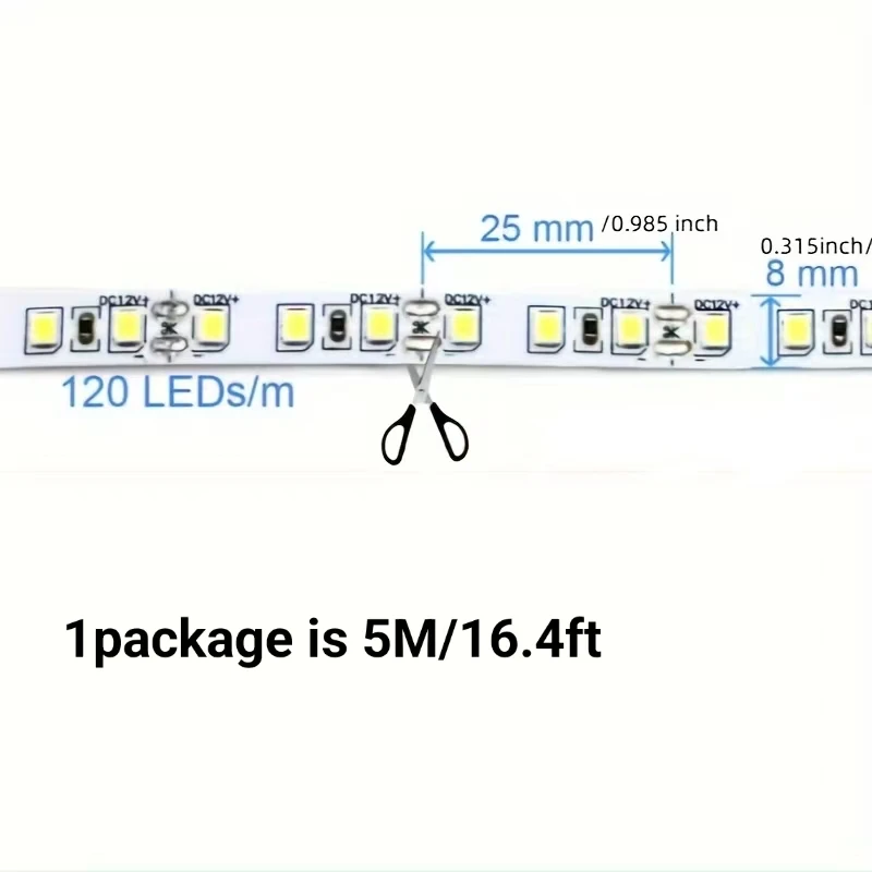 شريط إضاءة LED 12 فولت، عرض 8 مم، 120 مصباح LED/م، إجمالي 600 مصباح LED، أبيض دافئ 3000 كلفن/ضوء طبيعي 4000 كلفن/ضوء أحمر/ضوء أزرق/ضوء وردي/ضوء ذهبي، 16. شريط إضاءة LED بطول 4 أقدام (حوالي 5 أمتار) 2835 سلسلة إضاءة LED مناسبة لغرفة النوم وأرفف مركز التسوق وديكور المطبخ #5