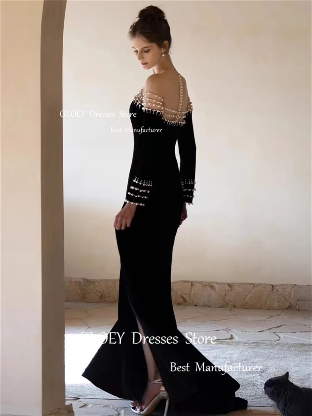 OLOEY France Elegant Black Evening Dresses O-Neck Ankle-Length Wedding Party Dresses Beading Pearls Satin High Slit Prom Gowns