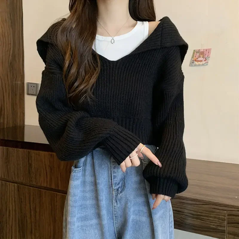 Cropped Knitted Sweater Women Pullover Autumn Winter Korean Long Sleeve Top Chic Turn Down Collar Long Sleeve Short Jumper