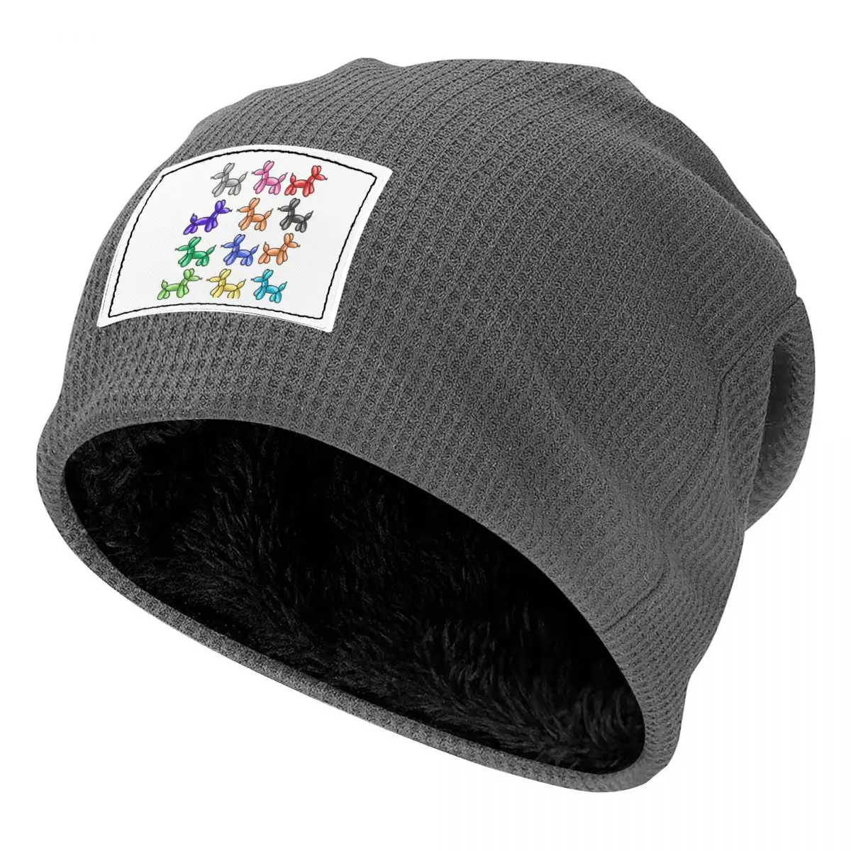 Balloon Dogs Waffle Knit Fleece Lined Beanie with PU Leather Patch Unisex Warm Winter Soft Cap