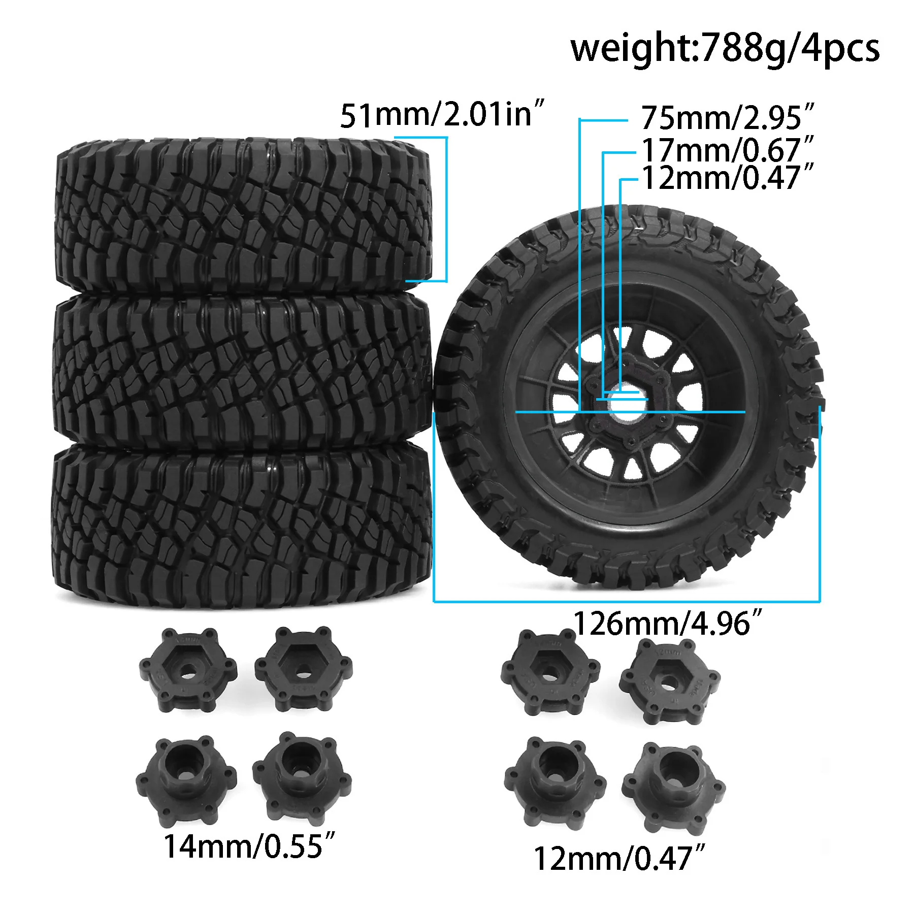 ยางรถบรรทุกแบบสั้น 4 ชิ้น ขนาด 126 มม. 1/8 พร้อมล้อและหัวต่อแบบหกเหลี่ยมขนาด 12 มม. และ 14 มม. สำหรับรถ Slash Arrma Senton HuanQi 727 Vkar 10sc Hpi Rc