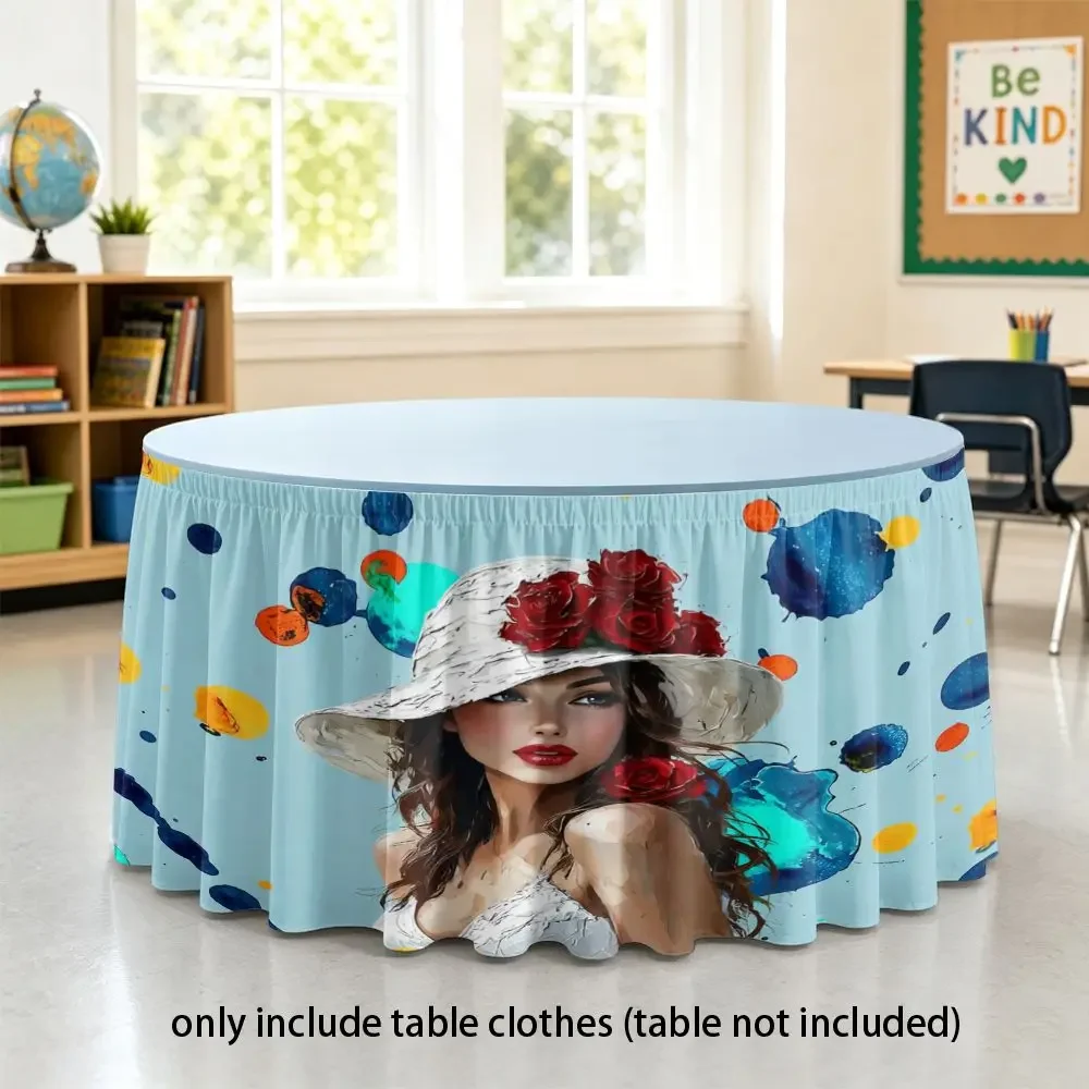 2D multi-functional tablecloth elastic fitting cover, watercolor girl and red rose artistic print