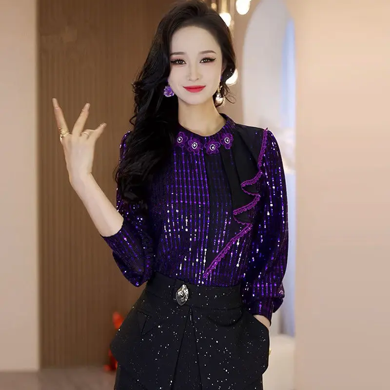 

Spring Autumn New Round Neck Long Sleeve Blouse Women High Street Ruffles Patchwork Sequined Pullovers Elegant All-match Tops