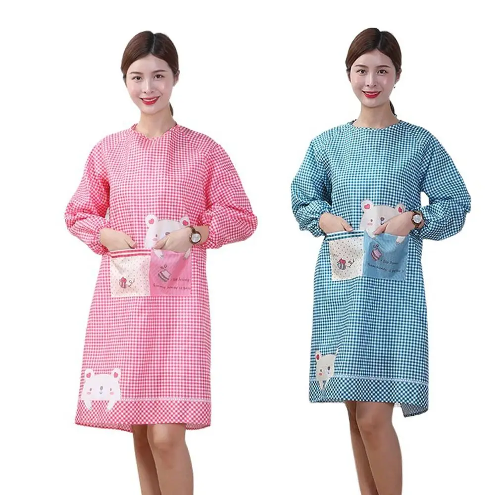 Cartoon Bear Long Sleeved Women Overall Apron Cooking Full Wrap Cooking Smock Antifouling Household Kitchen Aprons Restaurant