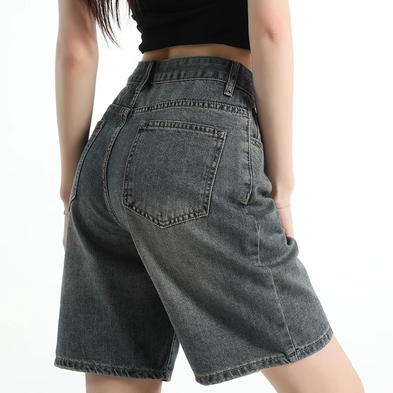 Brand Clothing 2026 Summer New Women's Retro Blue Denim Bermuda Shorts High Waist Loose Fit Casual Knee-length Pants