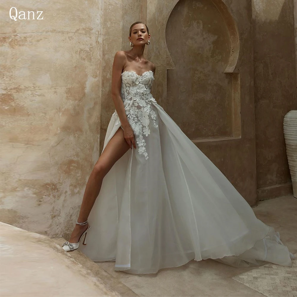 

Qanz Vintage Boho Long Organza Wedding Dresses Sleeveless Sweetheart 3D Flowers Side Split Bridal Gowns Women Vestidos De Novia