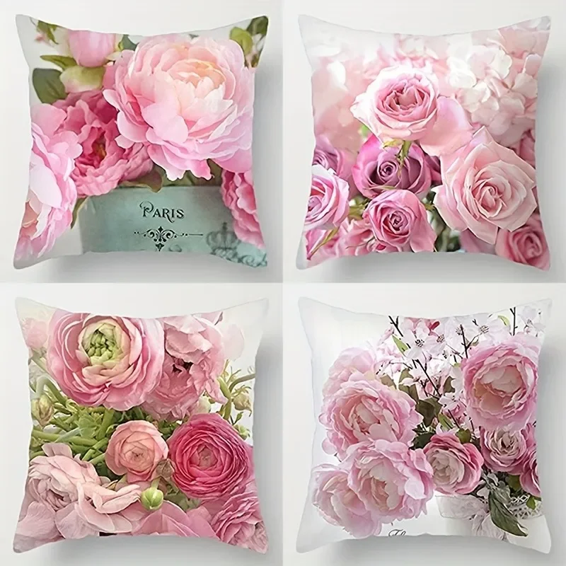 Pink Flower Paris Pillow Cover, Ultra-Soft Polyester Material Living Room Sofa Back Car Pillow Cover Home Decoration