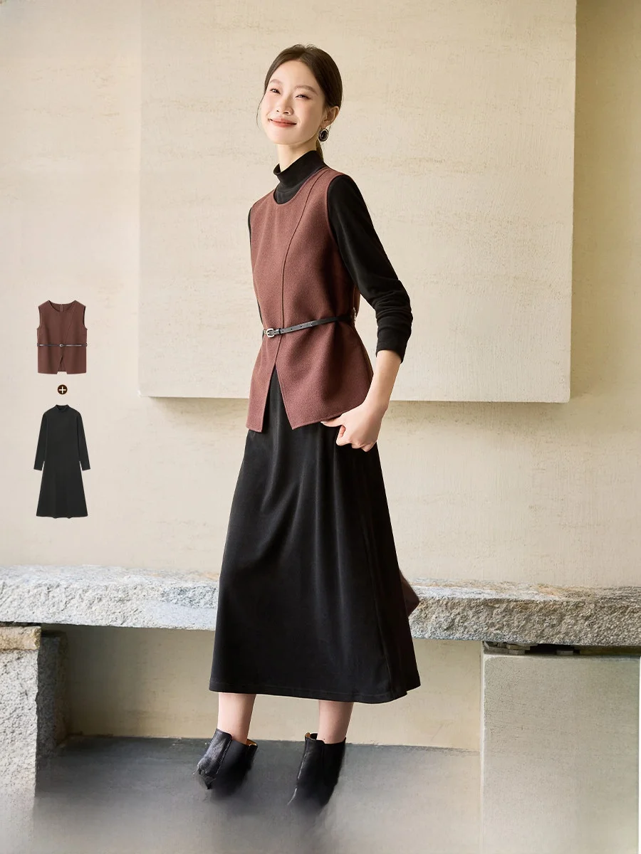 

Mehemai шерстяной комплект с высоким воротником и жилетом, теплый и слипоны для поездок на работу, зимний ансамбль, женская одежда