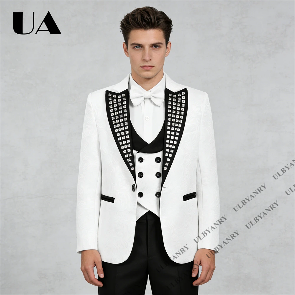 Luxury Crystals Embellished Mens 3-Piece Suit, Jacket Vest Pants Set Slim Fitting Jacquard One Button Blazer Suit Attire