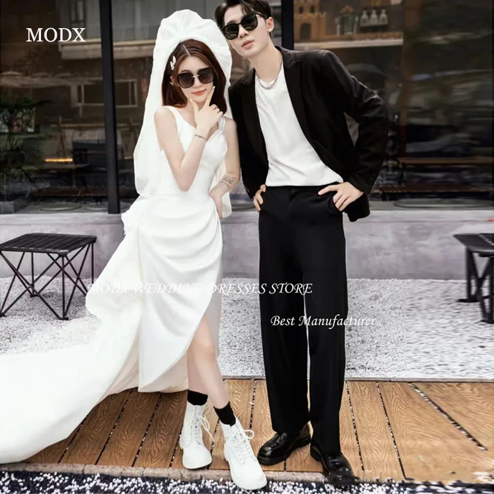 MODX Simple Soft Satin Split Wedding Dresses Straps Plain Tea-Length Short Bridal Gowns Formal Party Dress Korea Photo shoot