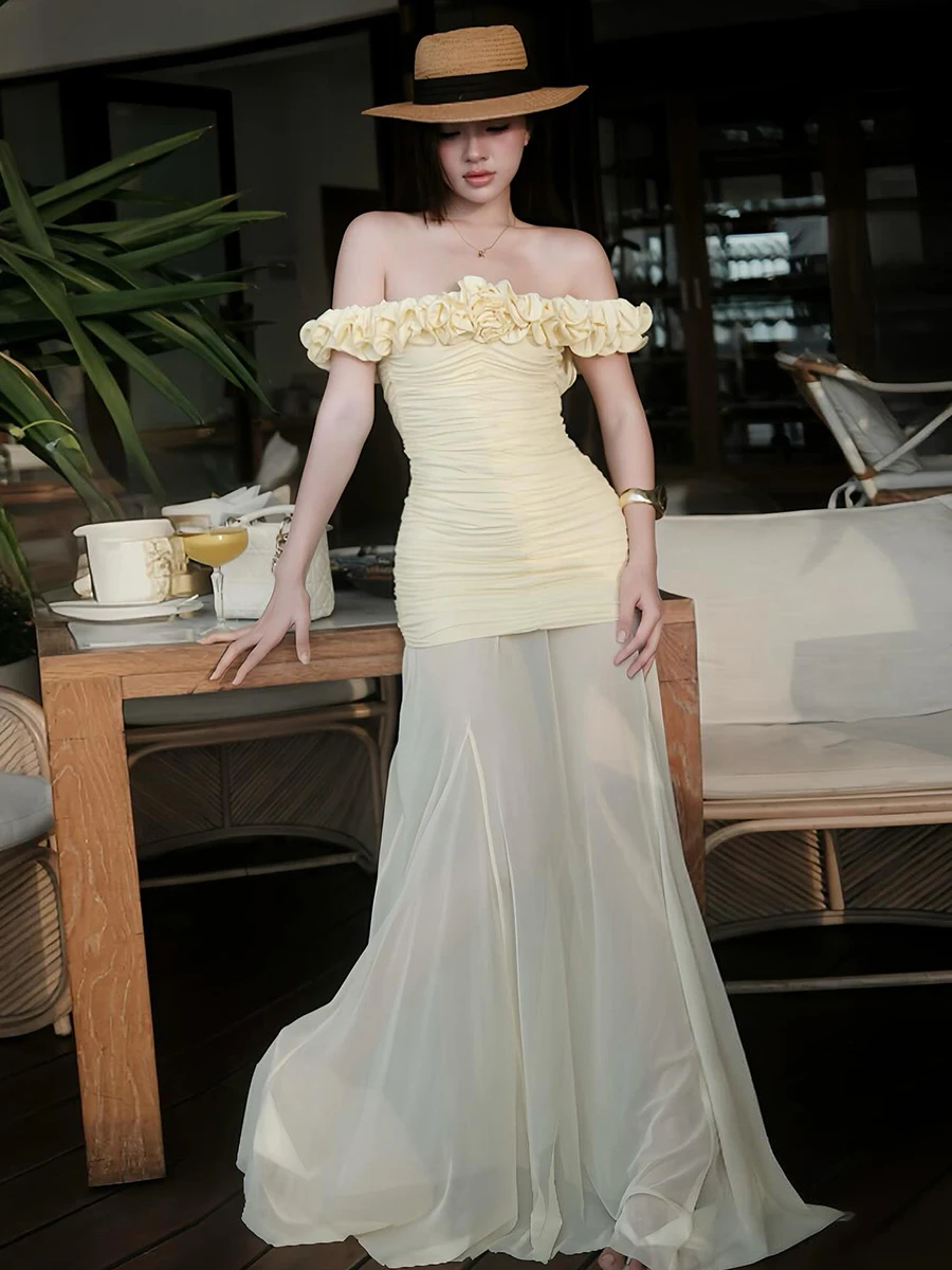 WEIRD PUSS Ele Geel Rose Jurk vrouwen Chiffon ter Dr Rok Set Franse Sle Zomer Faion Tweedelig pak