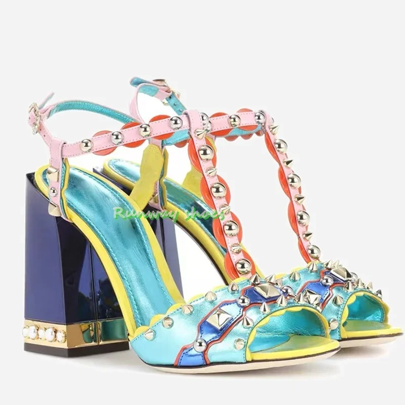 Picture 6: Rhinestone Pearl Heels T-strap Women's Sandals Round Head With Exposed Toe Color Blocking Color Blocking Luxury Handmade Shoes