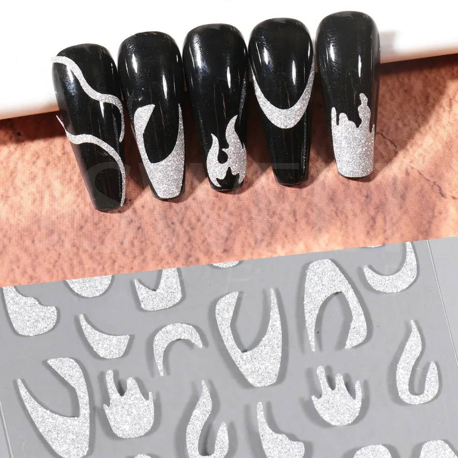 Coulée Argent Paillettes Autocollants 3D Nail Art Décalcomanies Holographiques SwimexposStrihearLines Conception Française Manucure Décoration BEH-232