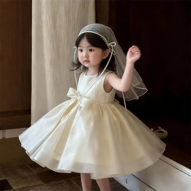 Baby Kids Princess Satin Tulle Bow Flower Girl Dress Children First Communion Dress Ball Gown Wedding Party Dress Birthday