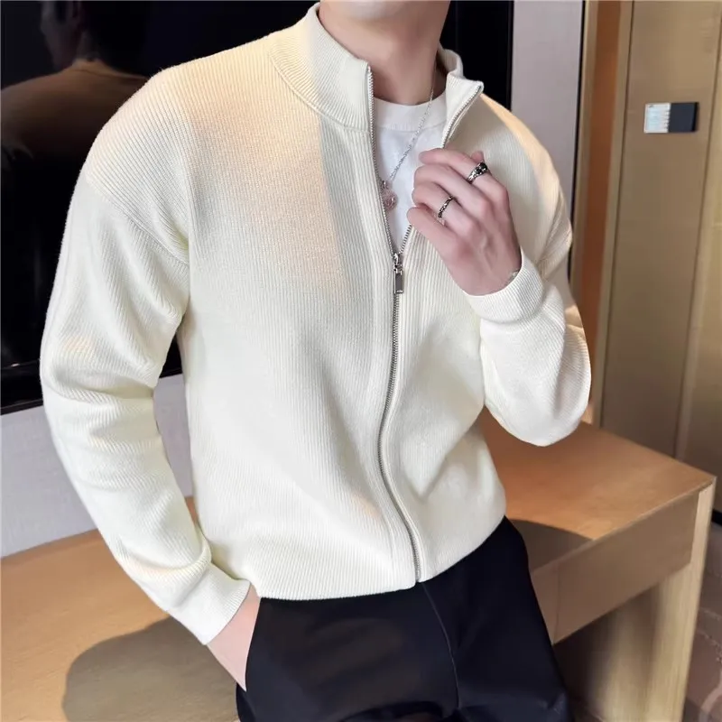 High Quality Men's Knit Cardigan Autumn Winter Thick Slim Fit Stand Collar Zipper Knitted Sweatercoat Men Solid Color Outerwear