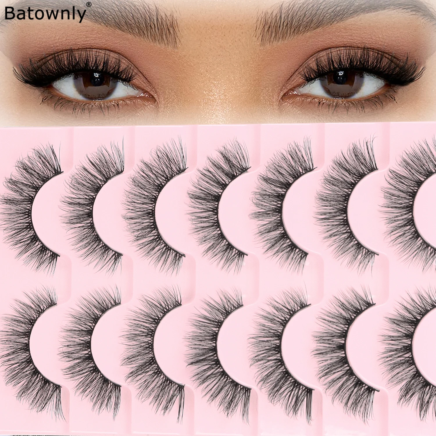 ขนตาปลอมทรงกากบาทธรรมชาติ 7 คู่ ฟูและโค้งงอ ยาวลงที่ปลายตา สวมใส่ง่าย