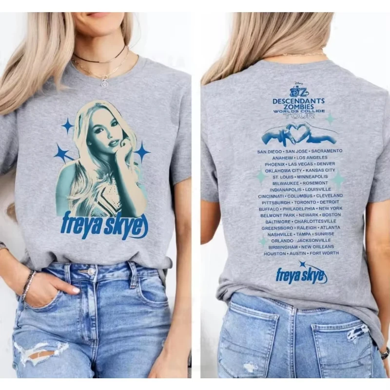 

Disney Descendants Zombies Worlds Collide Tour Freya Skye Мужские и женские футболки Disneyland Summer Tour Футболка для родителей и детей