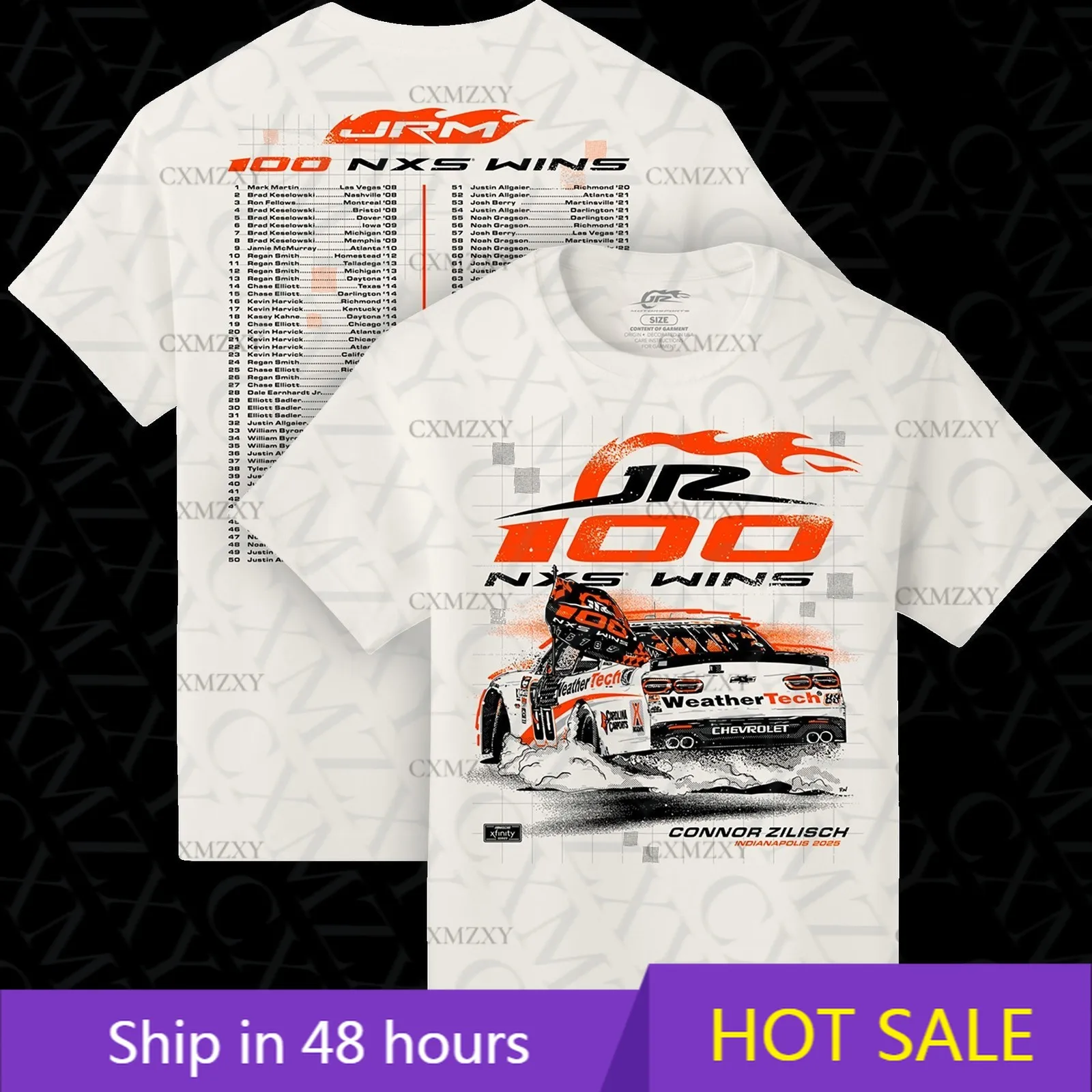 

Connor Zilisch 2025 JR Motorsports Indy 100th Race Win T-Shirt - All 100 Wins