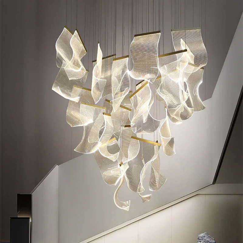 Paper Art Led Ceiling Chandelier Acrylic Large Staircase Pendant Light Living Room Kitchen Decor Hanging Lamp Home Light Fixture