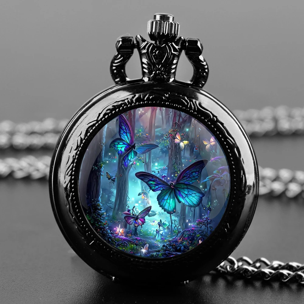 The Flying Butterflies Glass Dome Quartz Pocket Watch With Durable Chain Arabic Numeral Dial Creative Gifts for Men Women Kids