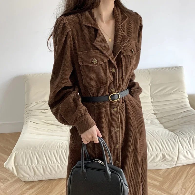 Women Autumn Elegant Long Corduroy Shirt Dress with Belt 2022 Female Full Sleeved Single Breasted Slim Waist A-line Midi Dresses