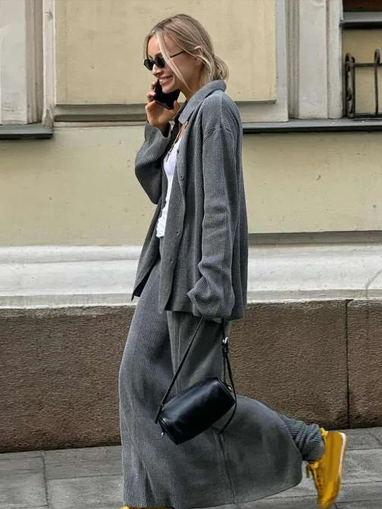 

Knit Solid Sets For Women Turn-down Collar Single-breasted Cardigan Split Skirt High Waist Pants Loose Lady Autumn Streetwear
